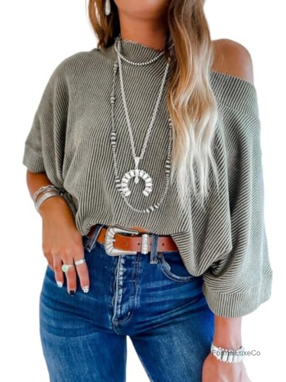 Off Shoulder Batwing Top 3/4 Sleeve Soft Stretch Knit Tunic Blouse